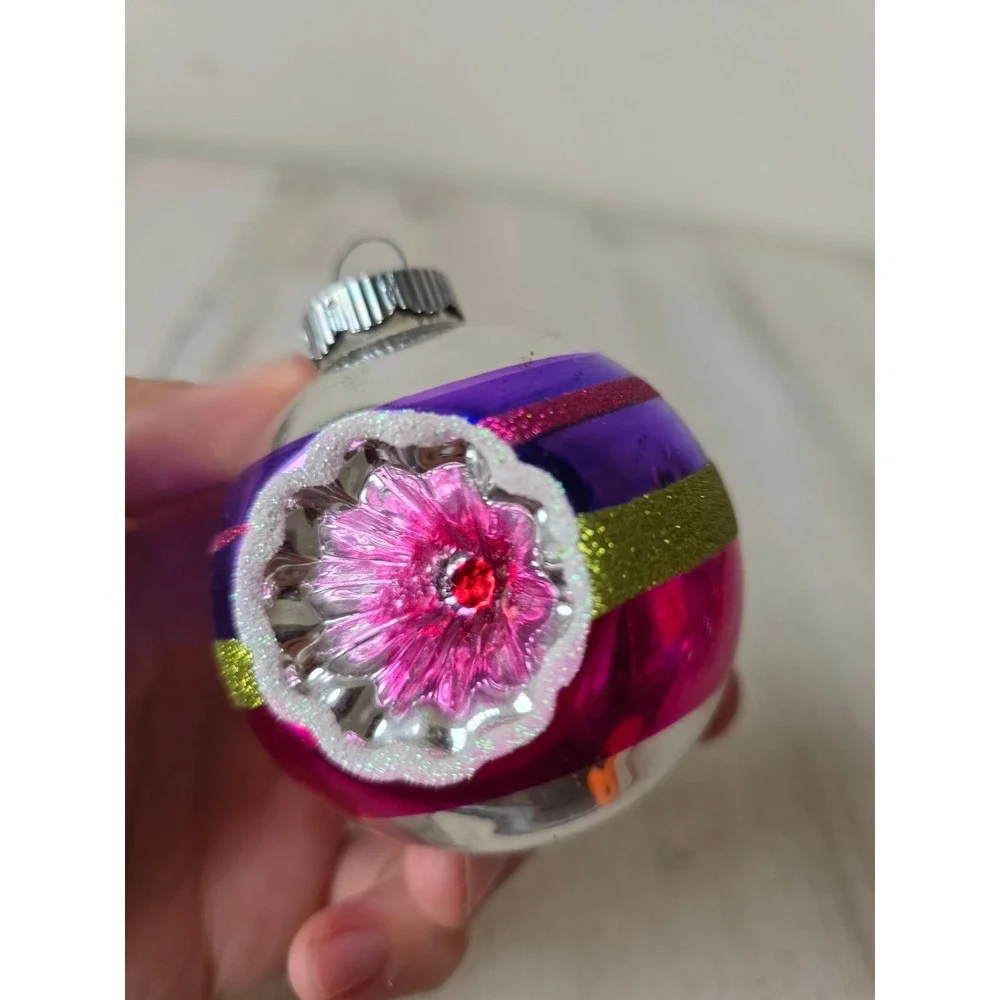 Vintage shiny brite indent striped glitter ball ornament pink purple green Xmas